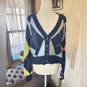 American Eagle Argyle Cardigan Womens Medium Cropped Y2K Pastel Button Sweater